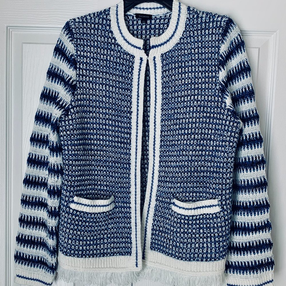 TALBOTS CHAN@L VIBE CARDIGAN Long Sleeves Pockets Metallic Fringe